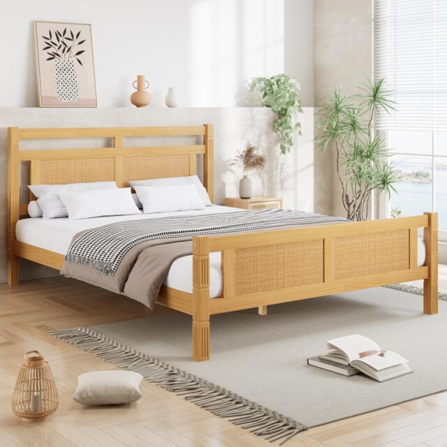 4ft6 Double Bed with Natural Timber Finish and MDF Back Panel, Upholstered Bed with Sturdy Plywood Slats, 199L x 142W x 98H cm, Natural - Aosom UK - image 1