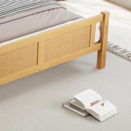4ft6 Double Bed with Natural Timber Finish and MDF Back Panel, Upholstered Bed with Sturdy Plywood Slats, 199L x 142W x 98H cm, Natural - Aosom UK - thumbnail 7