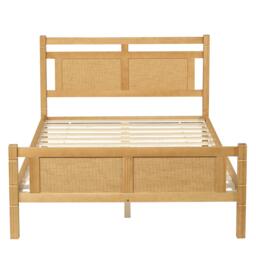 4ft6 Double Bed with Natural Timber Finish and MDF Back Panel, Upholstered Bed with Sturdy Plywood Slats, 199L x 142W x 98H cm, Natural - Aosom UK - thumbnail 2