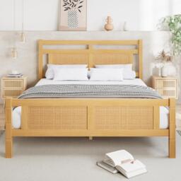 4ft6 Double Bed with Natural Timber Finish and MDF Back Panel, Upholstered Bed with Sturdy Plywood Slats, 199L x 142W x 98H cm, Natural - Aosom UK - thumbnail 6