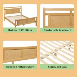 4ft6 Double Bed with Natural Timber Finish and MDF Back Panel, Upholstered Bed with Sturdy Plywood Slats, 199L x 142W x 98H cm, Natural - Aosom UK - thumbnail 5