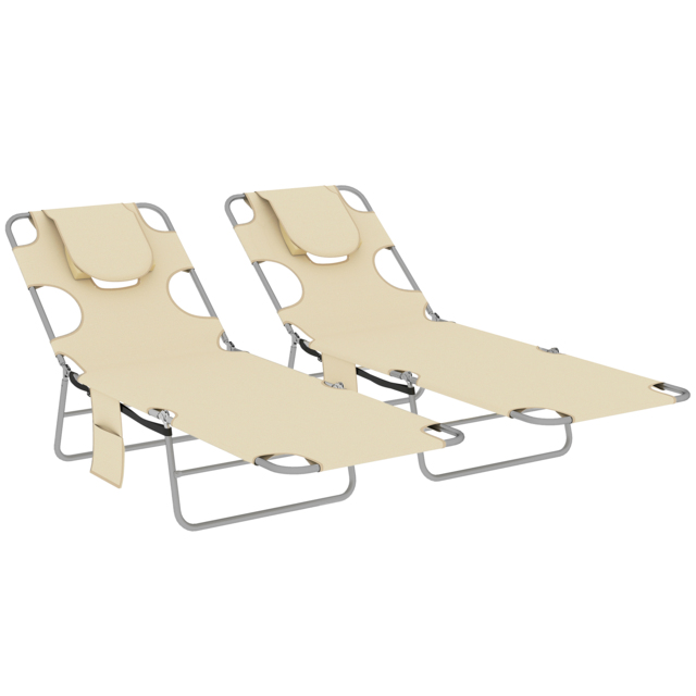 Outsunny 5-Position Adjustable Sun Loungers Set of 2 with Reading Hole and Side Pocket, Beige - image 1