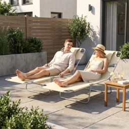 Outsunny 5-Position Adjustable Sun Loungers Set of 2 with Reading Hole and Side Pocket, Beige - thumbnail 8