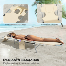 Outsunny 5-Position Adjustable Sun Loungers Set of 2 with Reading Hole and Side Pocket, Beige - thumbnail 5