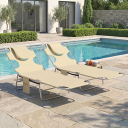Outsunny 5-Position Adjustable Sun Loungers Set of 2 with Reading Hole and Side Pocket, Beige - thumbnail 9