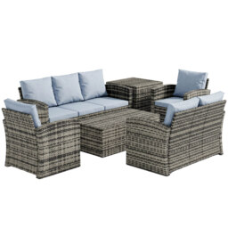 Outsunny 6 Pieces Rattan Garden Furniture Set, 7 Seater Wicker Outdoor Furniture Set with Storage Tea Table & Side Table, Grey - thumbnail 1