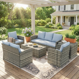 Outsunny 6 Pieces Rattan Garden Furniture Set, 7 Seater Wicker Outdoor Furniture Set with Storage Tea Table & Side Table, Grey - thumbnail 2