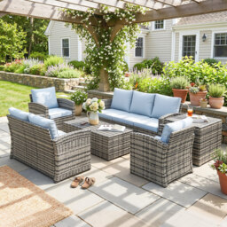 Outsunny 6 Pieces Rattan Garden Furniture Set, 7 Seater Wicker Outdoor Furniture Set with Storage Tea Table & Side Table, Grey - thumbnail 9