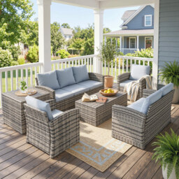 Outsunny 6 Pieces Rattan Garden Furniture Set, 7 Seater Wicker Outdoor Furniture Set with Storage Tea Table & Side Table, Grey - thumbnail 8