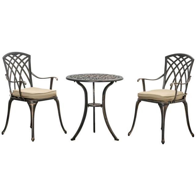Outsunny Aluminium Bistro Set, Bronze, 3 Piece Garden Furniture with Round Table, Chairs, Parasol Hole and Cushions, Coffee - Aosom UK