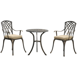 Outsunny Aluminium Bistro Set, Bronze, 3 Piece Garden Furniture with Round Table, Chairs, Parasol Hole and Cushions, Coffee - Aosom UK - thumbnail 1