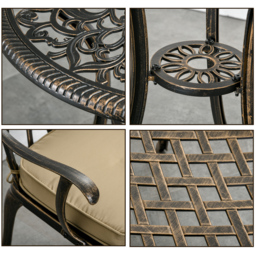 Outsunny Aluminium Bistro Set, Bronze, 3 Piece Garden Furniture with Round Table, Chairs, Parasol Hole and Cushions, Coffee - Aosom UK - thumbnail 7