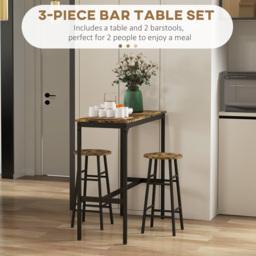 HOMCOM 3 Piece Bar Table Set with 2 Stools, Industrial Bar Table and Stool Set, Dining Table and Chair Set, Rustic Brown - thumbnail 4