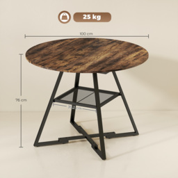 HOMCOM Dining Table for 4 People, 100 cm Round Industrial Kitchen Table with Storage Shelf, Rustic Brown - thumbnail 3