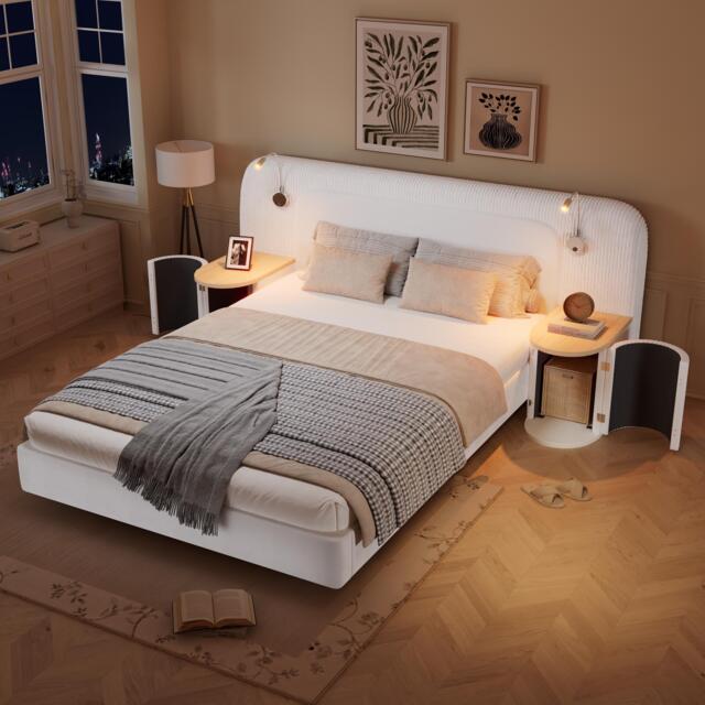 Upholstered 4ft6 Double Bed with Built‑in Bedside Reading Light, Bedside Table, Sleeper for Living Room, 205L x 91W x 200.5H cm, Beige - Aosom UK - image 1