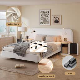 Upholstered 4ft6 Double Bed with Built‑in Bedside Reading Light, Bedside Table, Sleeper for Living Room, 205L x 91W x 200.5H cm, Beige - Aosom UK - thumbnail 4