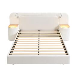 Upholstered 4ft6 Double Bed with Built‑in Bedside Reading Light, Bedside Table, Sleeper for Living Room, 205L x 91W x 200.5H cm, Beige - Aosom UK - thumbnail 2