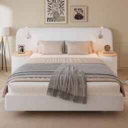 Upholstered 4ft6 Double Bed with Built‑in Bedside Reading Light, Bedside Table, Sleeper for Living Room, 205L x 91W x 200.5H cm, Beige - Aosom UK - thumbnail 6