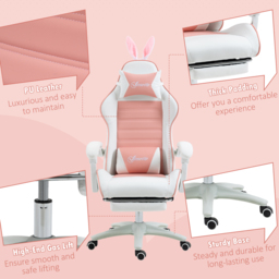 Vinsetto Racing Gaming Chair, Reclining PU Leather Computer Chair with Removable Rabbit Ears, Footrest, Headrest and Lumber Support, Pink - Aosom UK - thumbnail 9