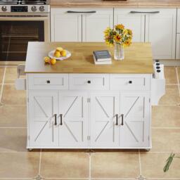 Practical Kitchen Island with 3 Drawers, Door-Mounted Shelf, Trendy Cart with Foldable Countertop, 140L x 70W x 90.5H cm, White+Natural - Aosom UK - thumbnail 8