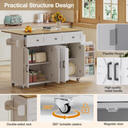 Practical Kitchen Island with 3 Drawers, Door-Mounted Shelf, Trendy Cart with Foldable Countertop, 140L x 70W x 90.5H cm, White+Natural - Aosom UK - thumbnail 6
