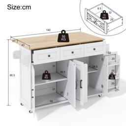 Practical Kitchen Island with 3 Drawers, Door-Mounted Shelf, Trendy Cart with Foldable Countertop, 140L x 70W x 90.5H cm, White+Natural - Aosom UK - thumbnail 3