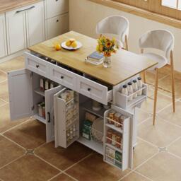 Practical Kitchen Island with 3 Drawers, Door-Mounted Shelf, Trendy Cart with Foldable Countertop, 140L x 70W x 90.5H cm, White+Natural - Aosom UK - thumbnail 9