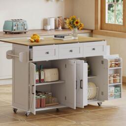 Practical Kitchen Island with 3 Drawers, Door-Mounted Shelf, Trendy Cart with Foldable Countertop, 140L x 70W x 90.5H cm, White+Natural - Aosom UK