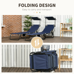 Outsunny 2 Piece Folding Sun Loungers with Canopy, Adjustable Recliner Garden Chairs with Side Pocket for Outdoor, Pool, Beach, Garden, Dark Blue - thumbnail 6