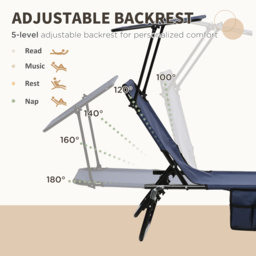 Outsunny 2 Piece Folding Sun Loungers with Canopy, Adjustable Recliner Garden Chairs with Side Pocket for Outdoor, Pool, Beach, Garden, Dark Blue - thumbnail 4