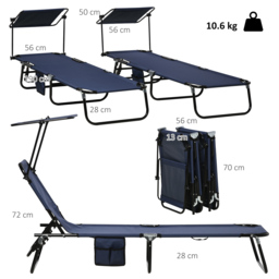 Outsunny 2 Piece Folding Sun Loungers with Canopy, Adjustable Recliner Garden Chairs with Side Pocket for Outdoor, Pool, Beach, Garden, Dark Blue - thumbnail 3