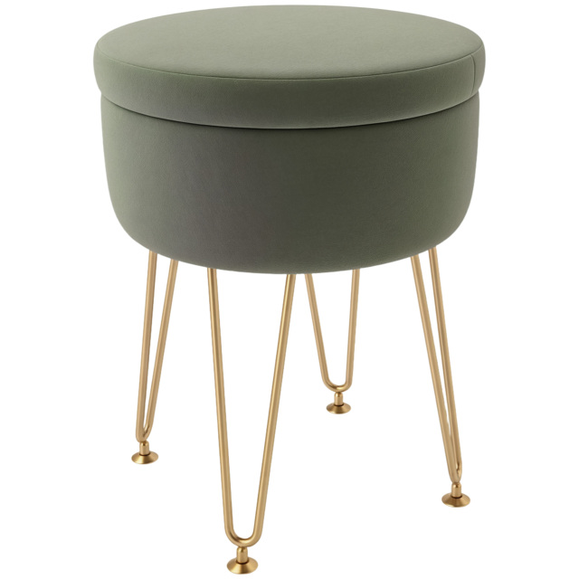 HOMCOM 5L Velvet Storage Ottoman, Modern Round Footstool with Metal Hairpin Legs and Removable Lid for Hallway, Bedroom, Living Room, Green - image 1