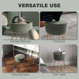 HOMCOM 5L Velvet Storage Ottoman, Modern Round Footstool with Metal Hairpin Legs and Removable Lid for Hallway, Bedroom, Living Room, Green - thumbnail 5