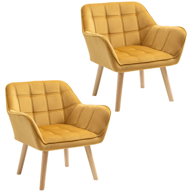 HOMCOM Accent Armchair Duo: Plush Padded Seating with Slanted Back, Iron Frame & Wooden Legs, Sunshine Yellow - Aosom UK - image 1