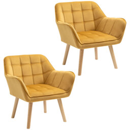 HOMCOM Accent Armchair Duo: Plush Padded Seating with Slanted Back, Iron Frame & Wooden Legs, Sunshine Yellow - Aosom UK