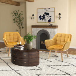 HOMCOM Accent Armchair Duo: Plush Padded Seating with Slanted Back, Iron Frame & Wooden Legs, Sunshine Yellow - Aosom UK - thumbnail 2