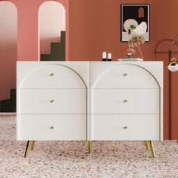 Sideboard Cabinet with 6 Drawers, Height Ajustable Storage Cabinet with Wood and Metal Construction for Living Rooms & Kitchen, 120L x 40W x 85H cm, White - Aosom UK - thumbnail 7