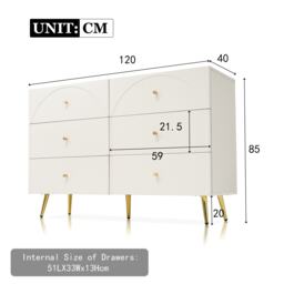 Sideboard Cabinet with 6 Drawers, Height Ajustable Storage Cabinet with Wood and Metal Construction for Living Rooms & Kitchen, 120L x 40W x 85H cm, White - Aosom UK - thumbnail 3