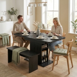 HOMCOM Extendable Dining Table for 4-6 People, 110-130cm Kitchen Table with 6 Open Shelves, Black - thumbnail 2
