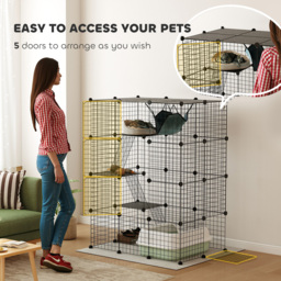 PawHut 4-Tier DIY Large Cat Cage with Hammock, Ramps, 5 Doors, Indoor Use for 1-3 Cats, Black - thumbnail 6