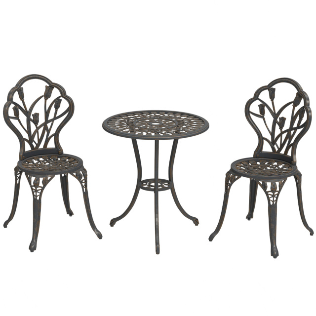 Outsunny 3 Piece Patio Bistro Set for 2, Outdoor Aluminium Garden Table and Chairs with Umbrella Hole for Balcony, Bronze Tone - image 1