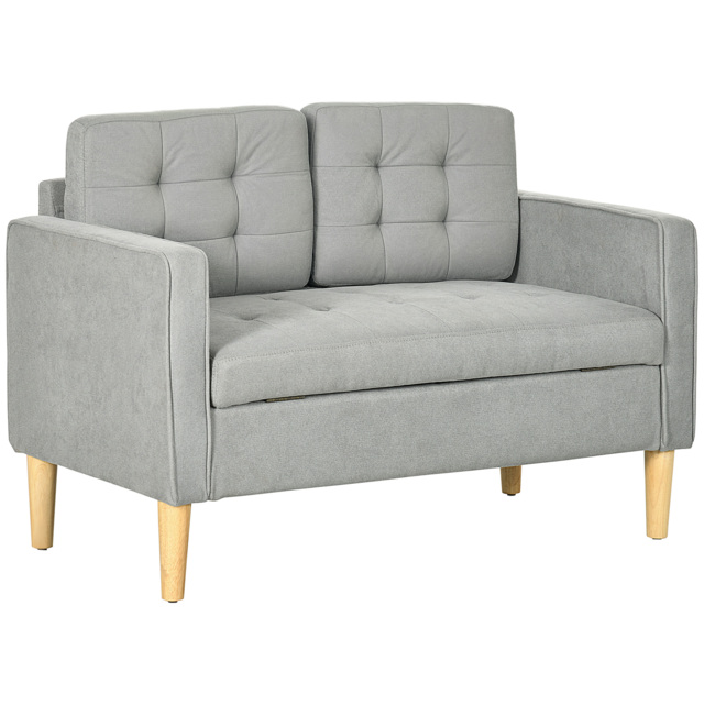 HOMCOM Modern 2 Seater Sofa with Hidden Storage, 117cm Tufted Cotton Couch, Compact Loveseat Sofa with Wood Legs, Light Grey - image 1