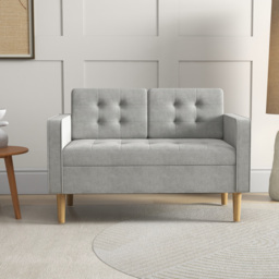 HOMCOM Modern 2 Seater Sofa with Hidden Storage, 117cm Tufted Cotton Couch, Compact Loveseat Sofa with Wood Legs, Light Grey - thumbnail 2