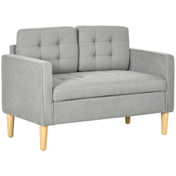 HOMCOM Modern 2 Seater Sofa with Hidden Storage, 117cm Tufted Cotton Couch, Compact Loveseat Sofa with Wood Legs, Light Grey - thumbnail 1