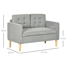 HOMCOM Modern 2 Seater Sofa with Hidden Storage, 117cm Tufted Cotton Couch, Compact Loveseat Sofa with Wood Legs, Light Grey - thumbnail 3