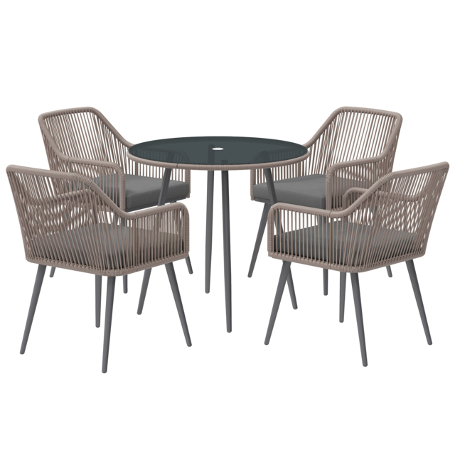 Outsunny 4 Seater Rattan Dining Set, Rattan Garden Furniture Set with Parasol Hole, Cushions, Glass Top Table for Patio, Balcony, Light Brown - image 1
