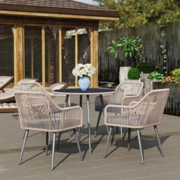 Outsunny 4 Seater Rattan Dining Set, Rattan Garden Furniture Set with Parasol Hole, Cushions, Glass Top Table for Patio, Balcony, Light Brown - thumbnail 9