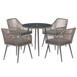 Outsunny 4 Seater Rattan Dining Set, Rattan Garden Furniture Set with Parasol Hole, Cushions, Glass Top Table for Patio, Balcony, Light Brown - thumbnail 1