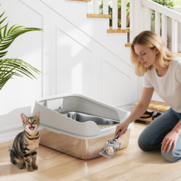 PawHut XXL Stainless Steel Cat Litter Box with High Sides, Scoop, 70 x 50 x 30 cm - thumbnail 2