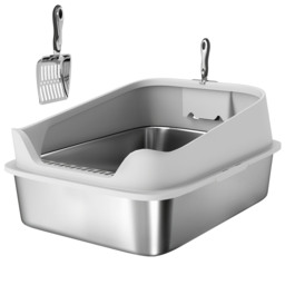 PawHut XXL Stainless Steel Cat Litter Box with High Sides, Scoop, 70 x 50 x 30 cm - thumbnail 1